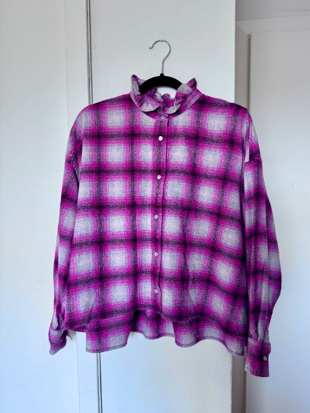 Isabel Marant Etoile Rilaria Pink Plaid Wool long sleeve Flannel Shirt FR 34